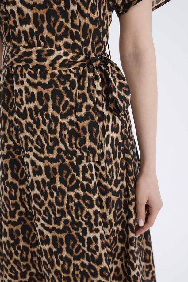 Regular Fit Bisiklet Yaka Leopar Desenli Kuşaklı Kısa Kollu Midi Elbise E7113ax25sp - 4