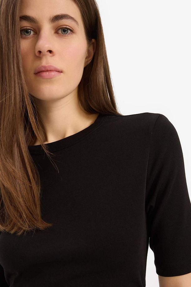 Bodycon Vücudu Saran Bisiklet Yaka Basic Düz Ribana Kısa Kollu Midi Elbise E6003ax25sp - 6