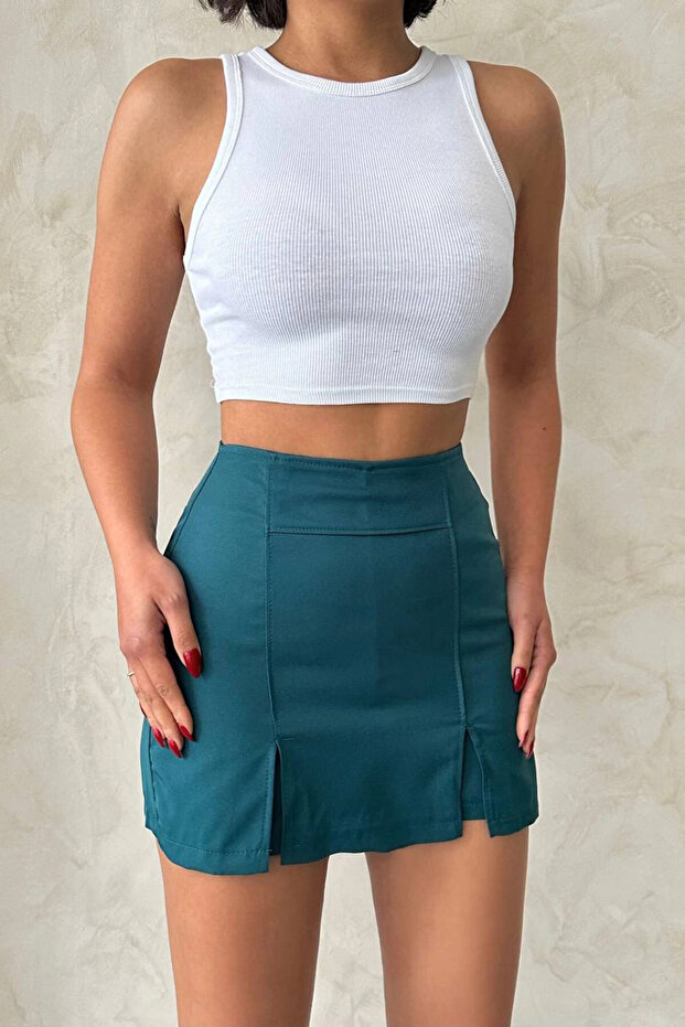 Kadın Petrol Çift Yırtmaçlı Şort Etek Bchn-25250364 - 3
