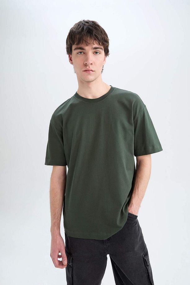 Oversize Geniş Kalıp Bisiklet Yaka Basic Düz Kısa Kollu Tişört E6885axns - 3