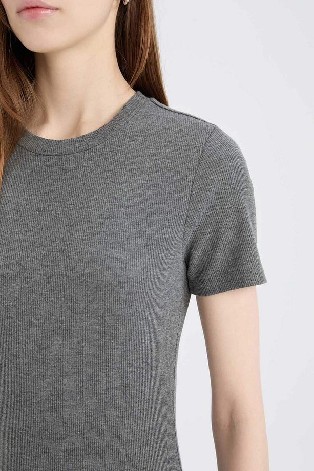Bodycon Vücudu Saran Bisiklet Yaka Basic Düz Fitilli Kaşkorse Kısa Kollu Midi Elbise E6926ax25sp - 5