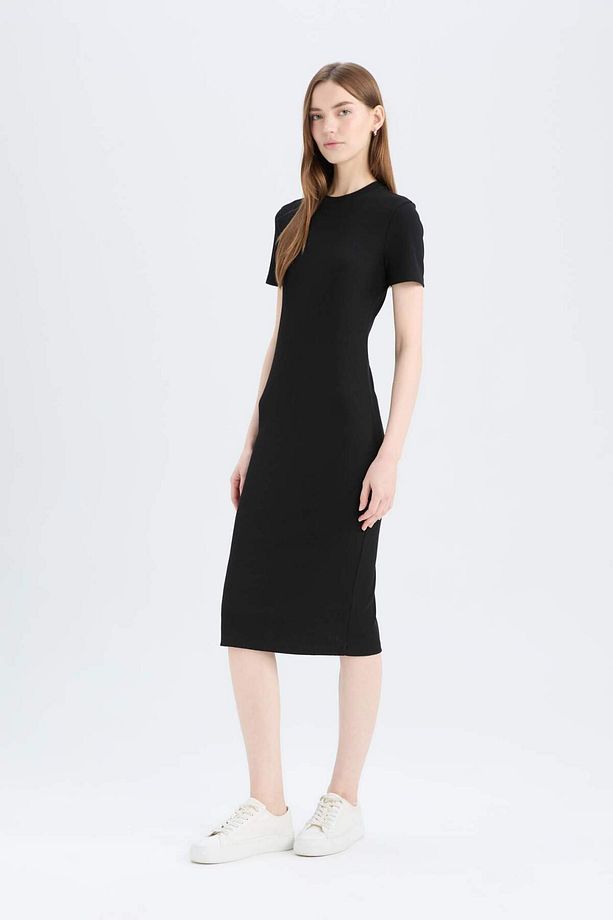 Bodycon Vücudu Saran Bisiklet Yaka Basic Düz Fitilli Kaşkorse Kısa Kollu Midi Elbise E6926ax25sp - 2