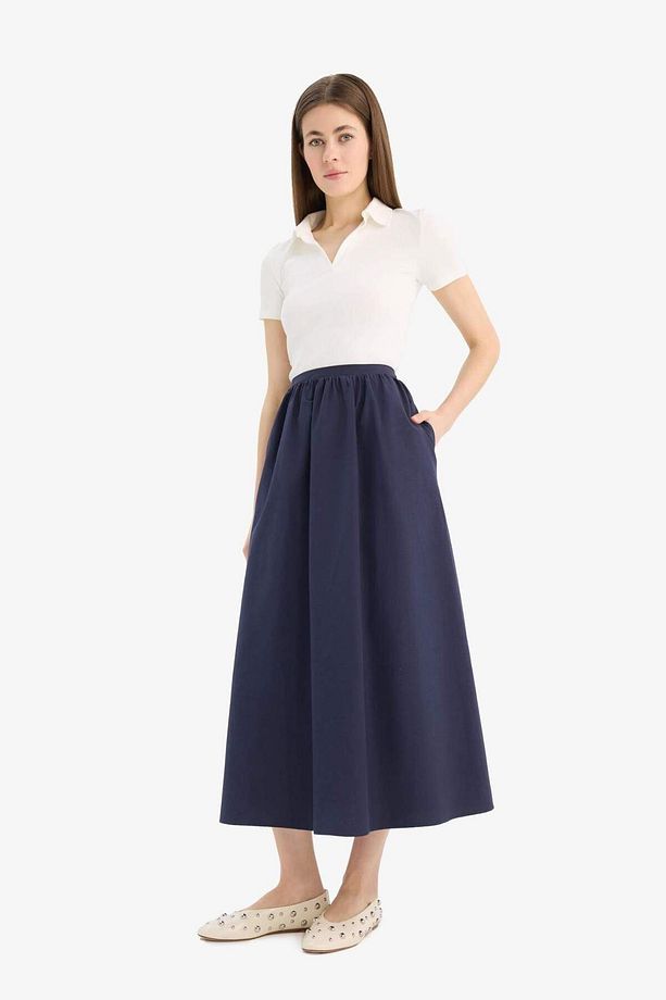 A Kesim Normal Bel Yarım Astar Poplin Midi Etek E8700ax25sp - 5
