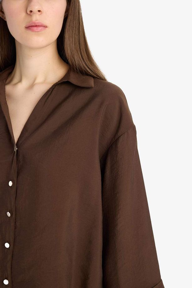 Loose Fit Apaşk Yaka Basic Düz Uzun Kollu Gömlek E9007ax25sp - 4