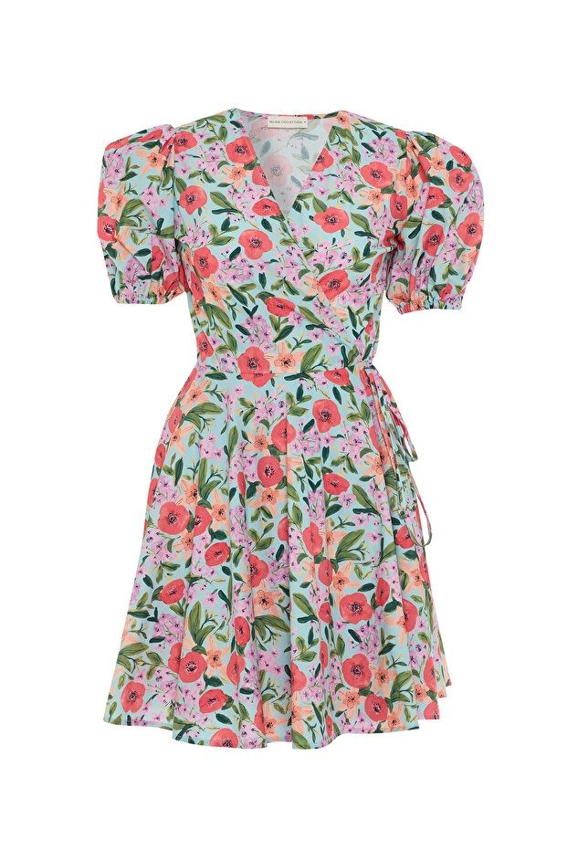 Women's Red Floral Printed Double Breasted Tie-Up Mini Dress