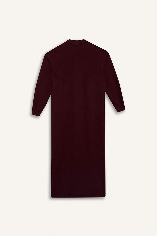 Loose Fit Fermuarlı Polo Yaka Selanik Kumaş Basic Düz Uzun Kollu Midi Elbise F1640ax25sp - 8