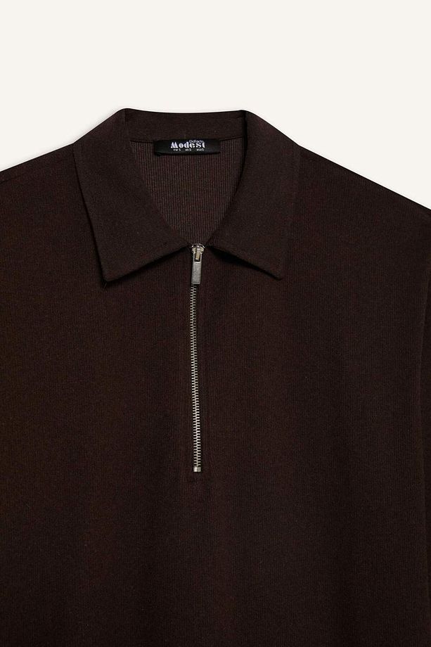 Loose Fit Fermuarlı Polo Yaka Selanik Kumaş Basic Düz Uzun Kollu Midi Elbise F1640ax25sp - 7