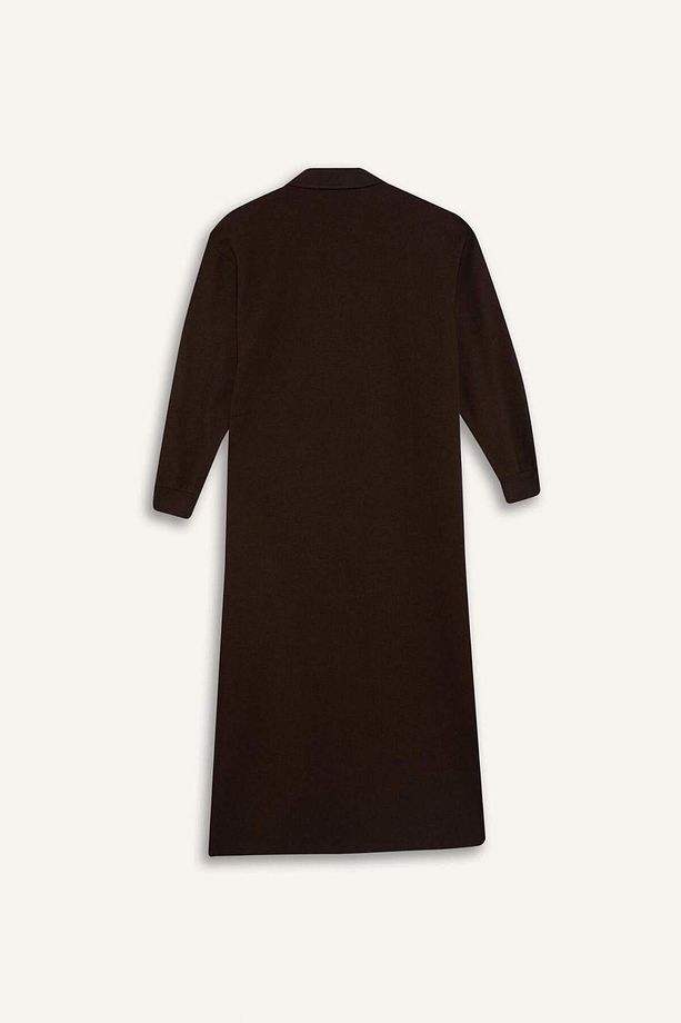 Loose Fit Fermuarlı Polo Yaka Selanik Kumaş Basic Düz Uzun Kollu Midi Elbise F1640ax25sp - 8