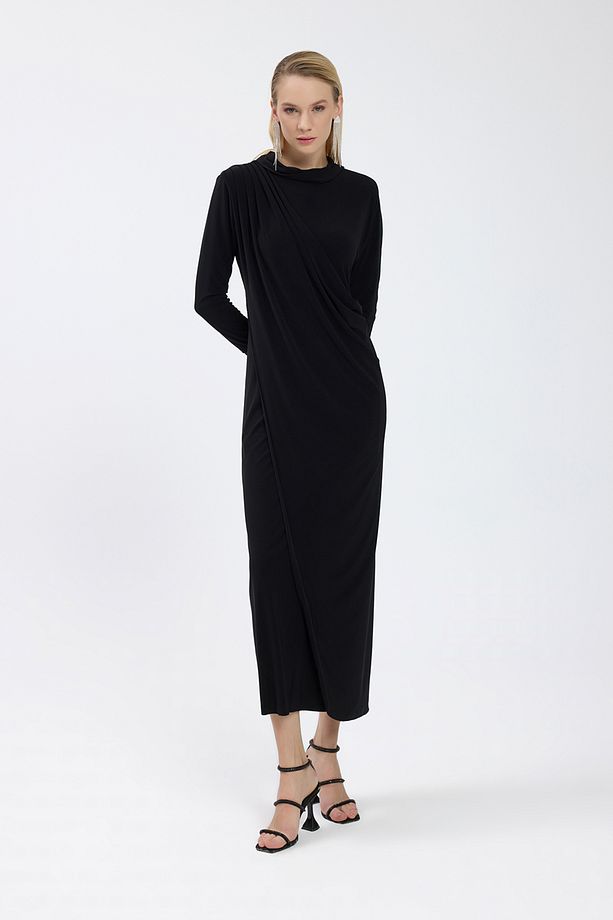 Siyah Drape Detaylı Elbise - 2