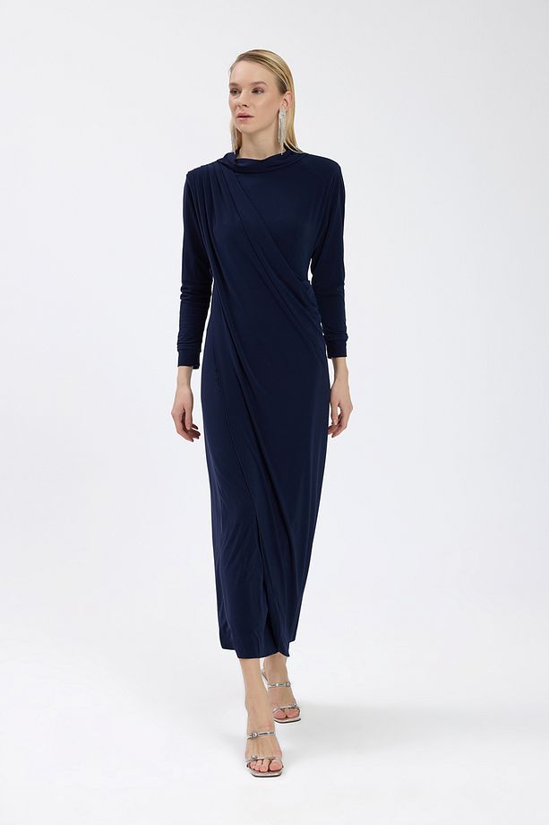 Lacivert Drape Detaylı Elbise - 7
