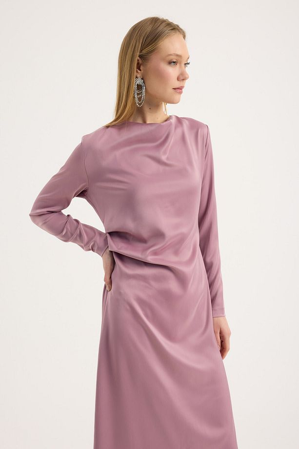 Gül Kurusu Saten Drape Elbise - 4