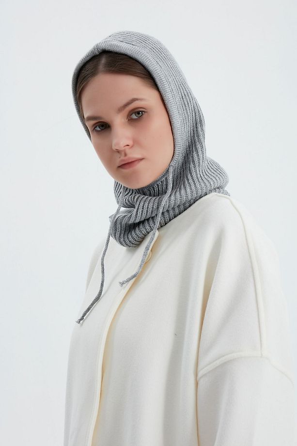 Gri Balaclava Fitilli Triko Örgü Bere Başlık - 1