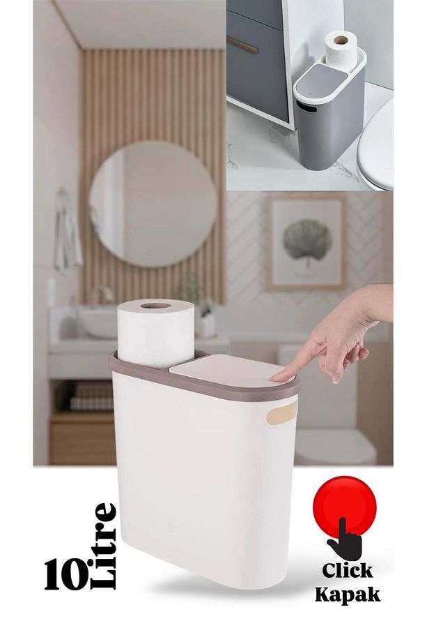 Kups Krem 10 Lt Click Çöp Kovası , Mutfak, Banyo, Tuvalet Çöp Kutusu Tuvalet Kağıdı Hazneli - 3