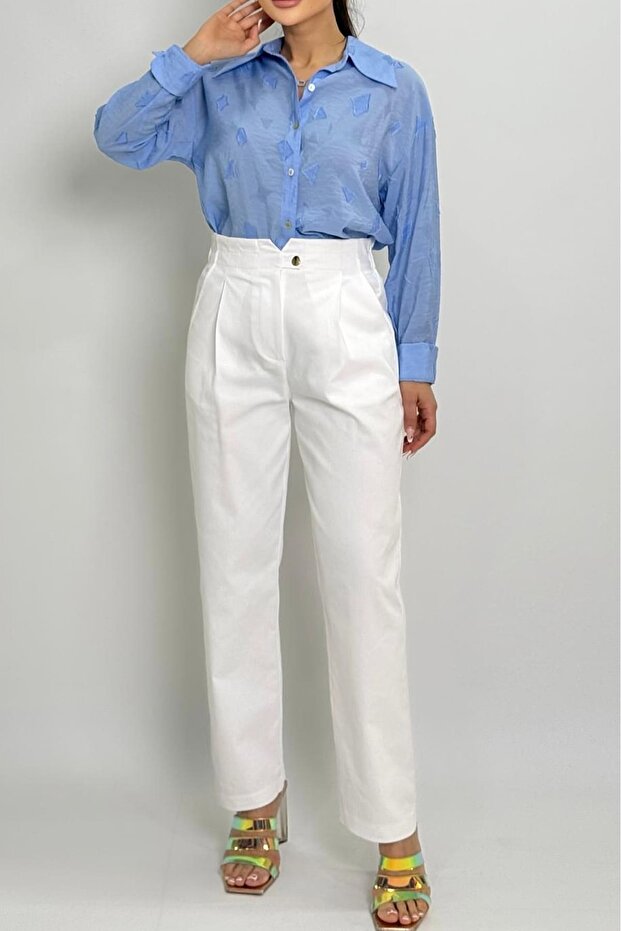 Beli elastik tek düğmeli pantolon - 1