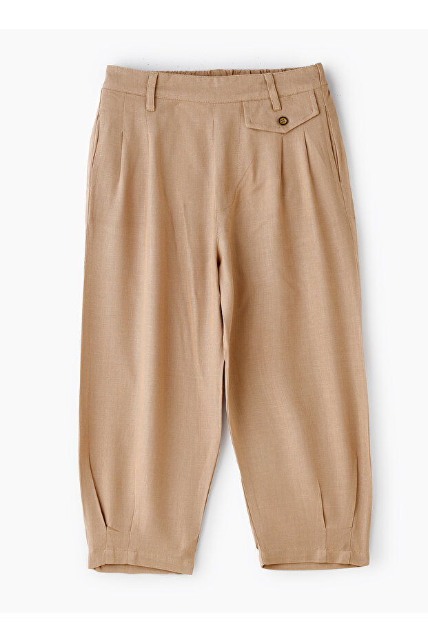 Girls' Pleated Beige Pants with Button Detail