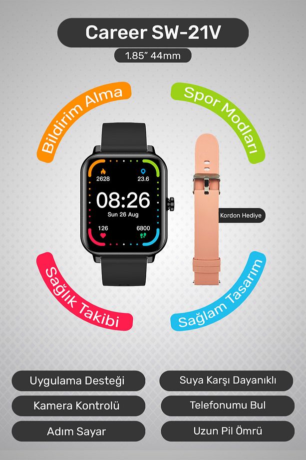 Career Akıllı Saat Bildirim,Sağlık,UykuTakibi,Spor,iOS&Android Uyumlu 44mm IP67 Uzun Pil Ömrü SW-21V - 1