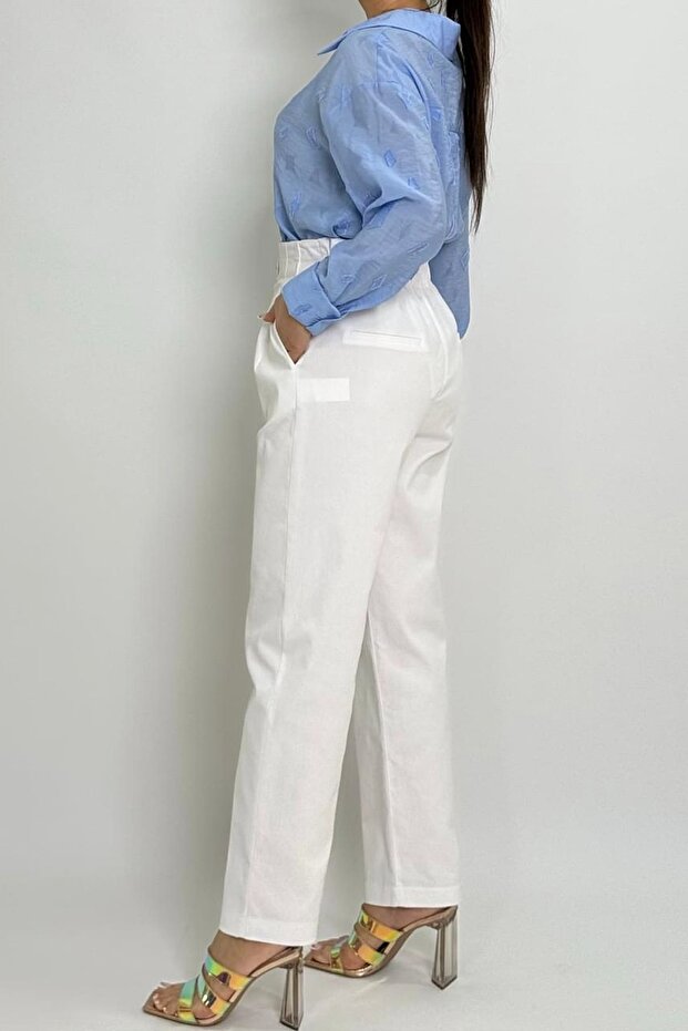 Beli elastik tek düğmeli pantolon - 4