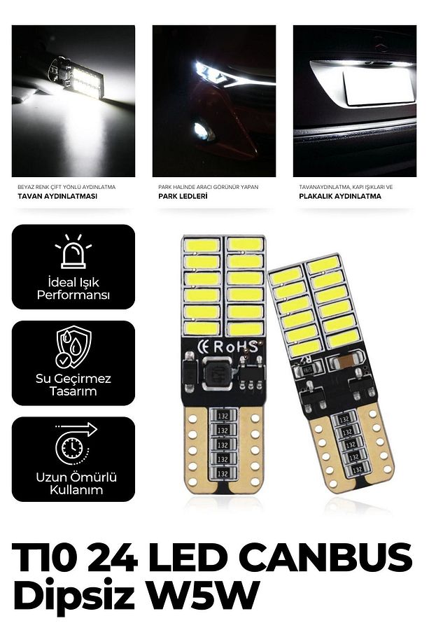 T10 Dipsiz Park Ampulu 24 Ledli Beyaz 2 adet 12volt - 1