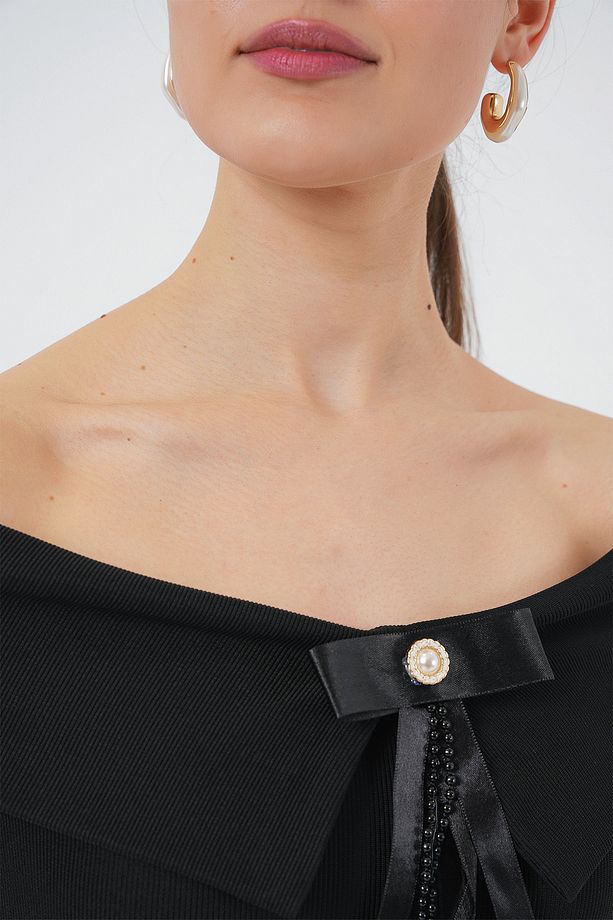 Kurdele Detaylı Örme Bluz 949 - Siyah - 5