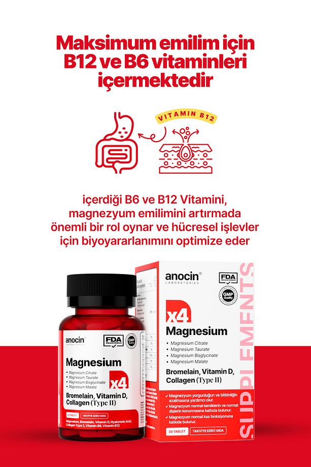 MAGNEZYUM X4 COMPLEX CİTRATE, TAURATE, BİSGLYCİNATE, MALATE + BROMELAİN + KOLAJEN+ H.ASİT+D+B12+B6 - 6
