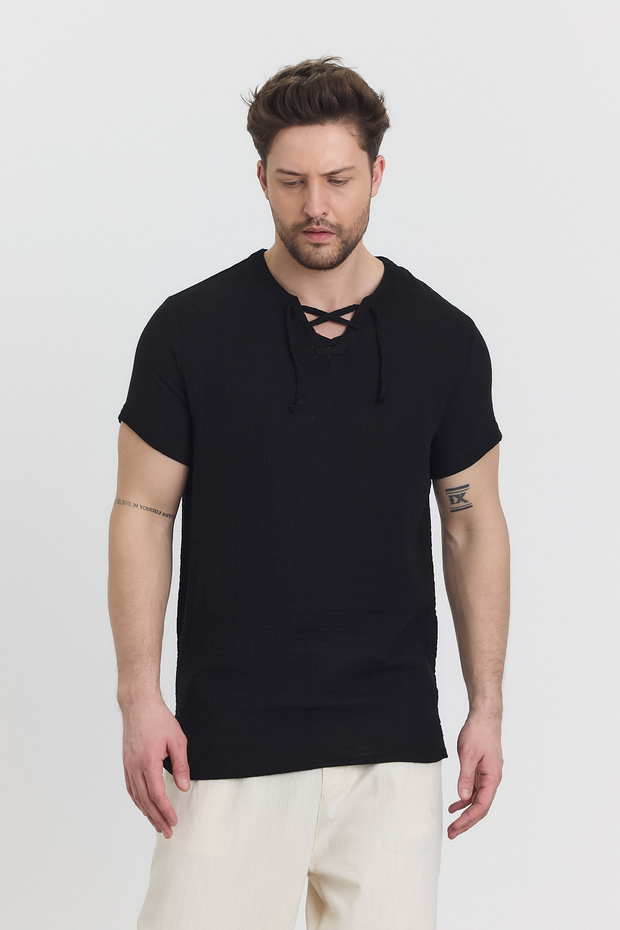 Men's Shirt - Muslin Alaçatı T-Shirt - with Rope Detail - 4070