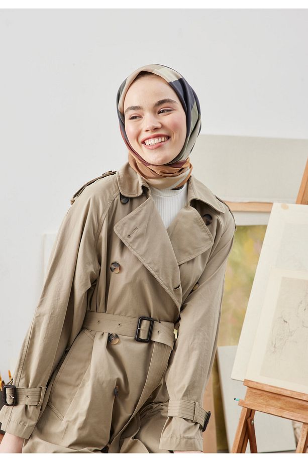 Multı Colors Desen Pamuk Ipek Eşarp Haki - 4