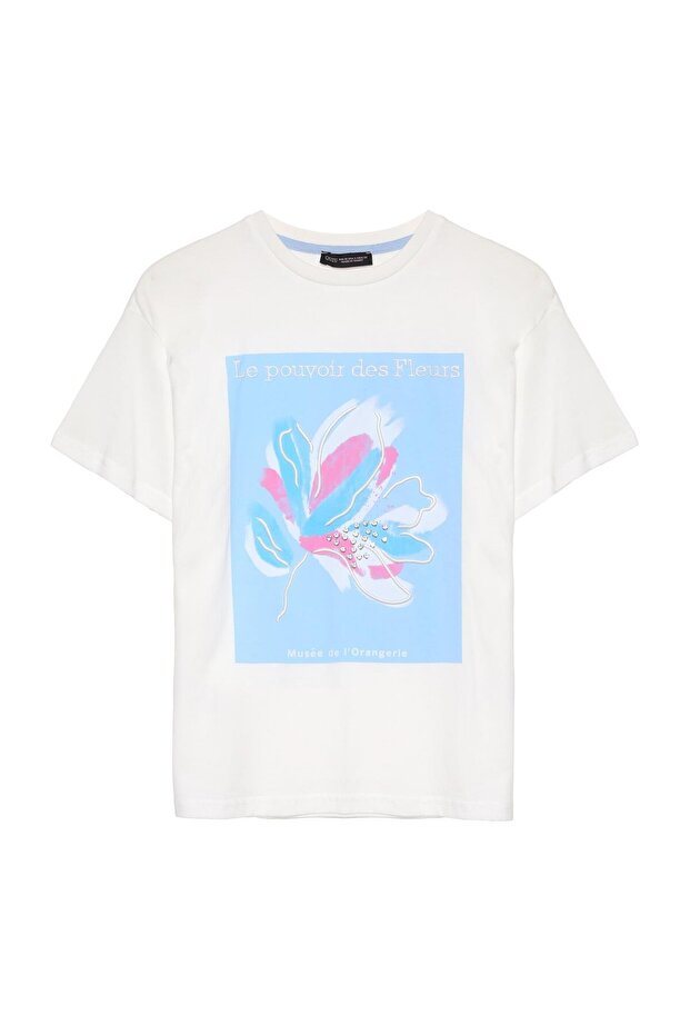 T-Shirt Neat Print Detail with Body Ecru/Blue