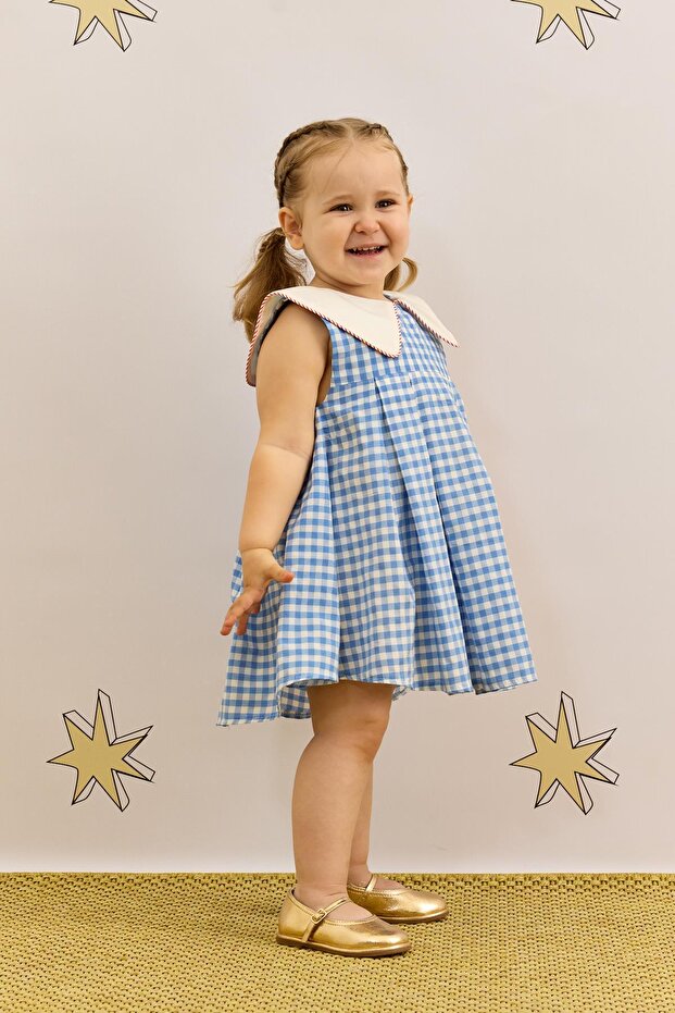 V-Neck Patterned Gingham Blue Dress