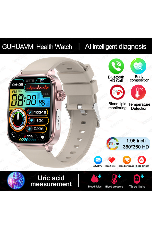 White 2025New Al Medical Diagnosis Blood Lpids Uric Acid Blood Glucose Smart Watch Men ECG+PPG Voice