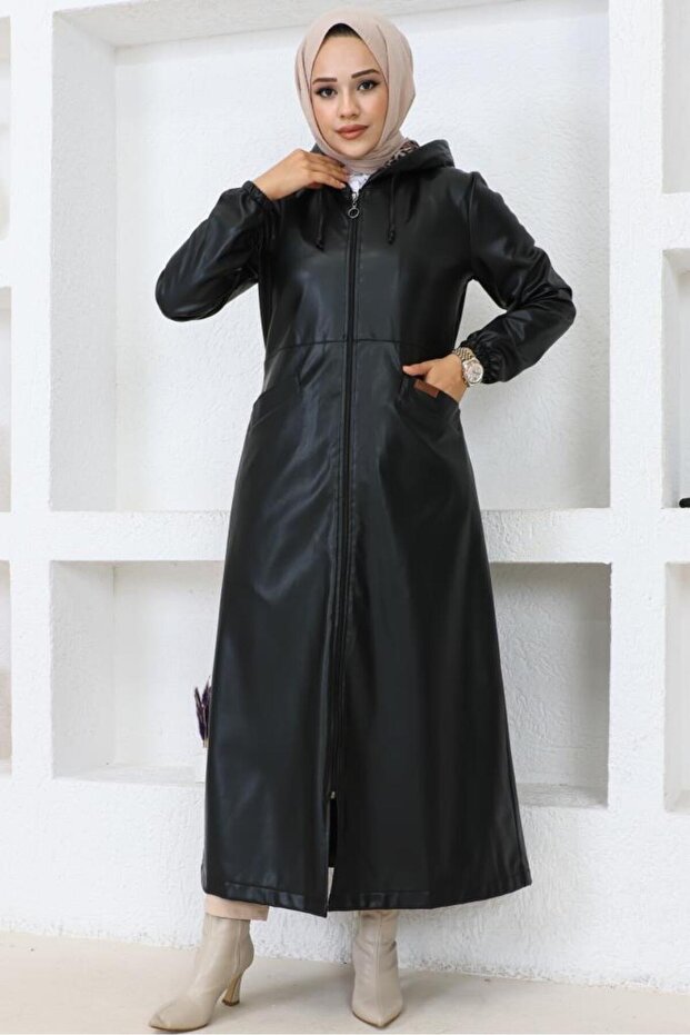 Long Hijab Leather Trench Coat-Cap Black 1250