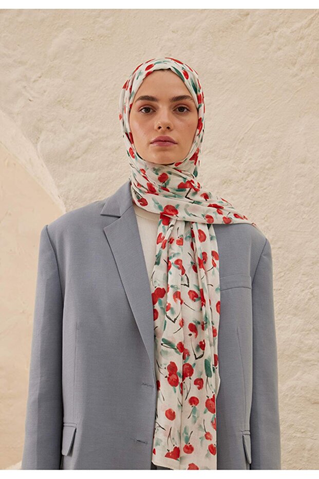 شال بلون إكرو - رامي بنمط الكرز - 2