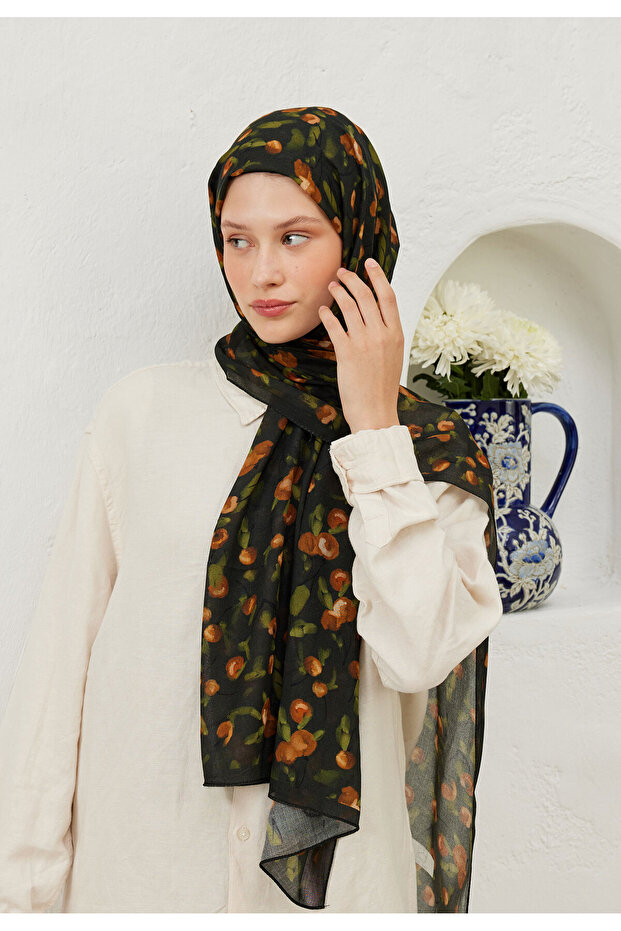 شال رامي بنقشة الكرز باللون البني - 5