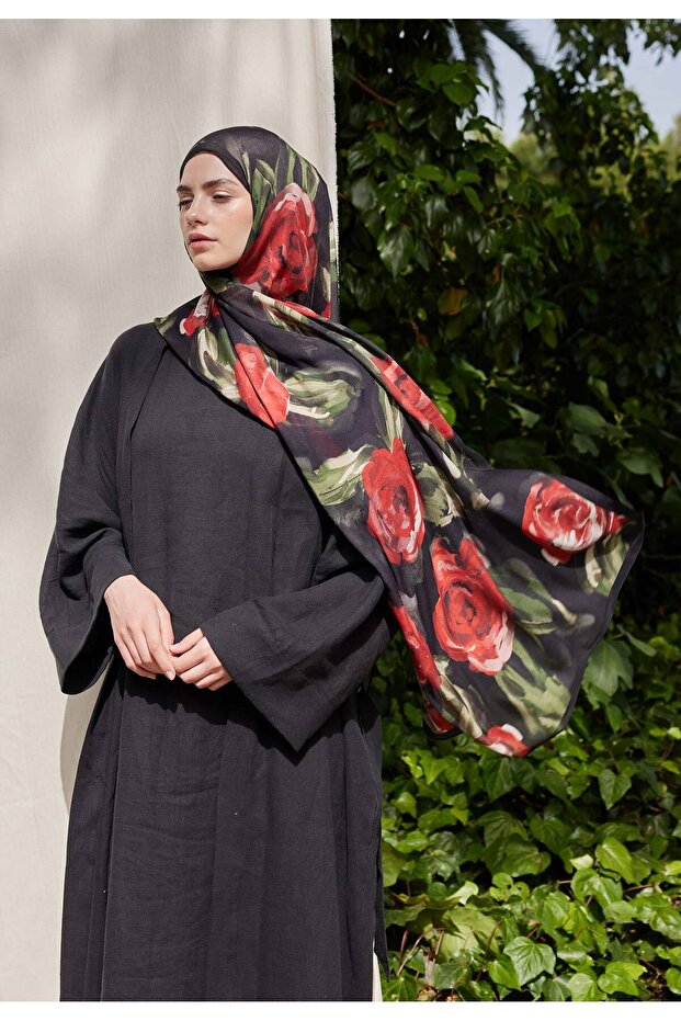 شال أحمر - رم منقوش بالورد الصيفي - 1