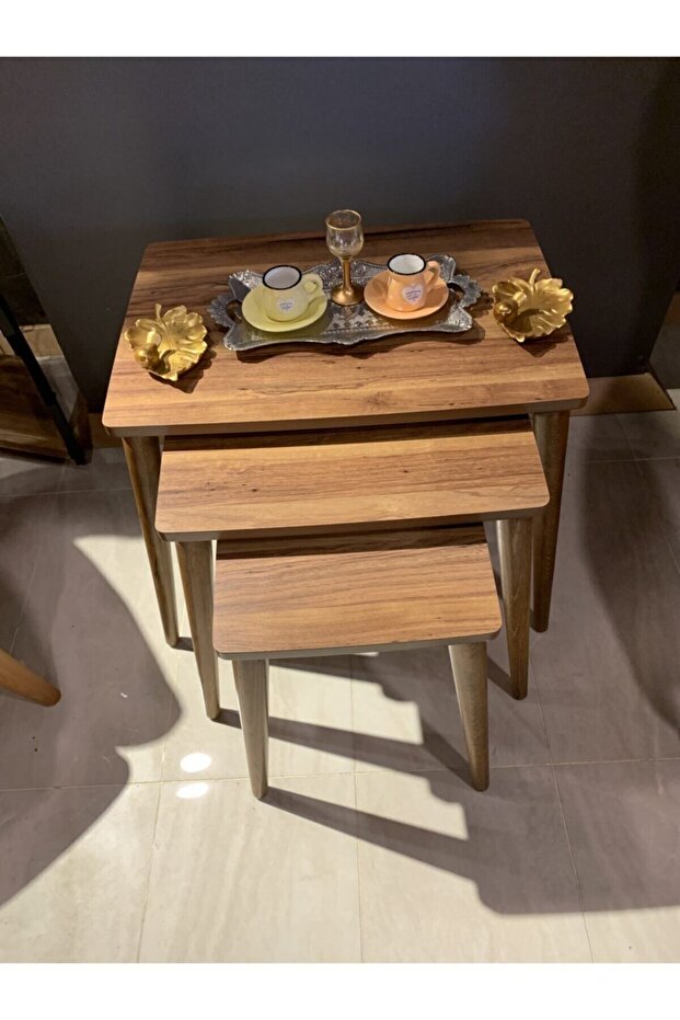 3lü Ceviz Zigon Sehpa Piramit - 3