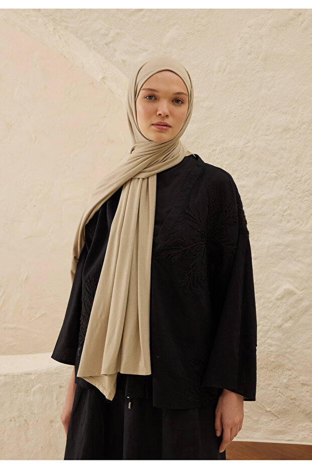 Natural Beige Combed Cotton Shawl - 1