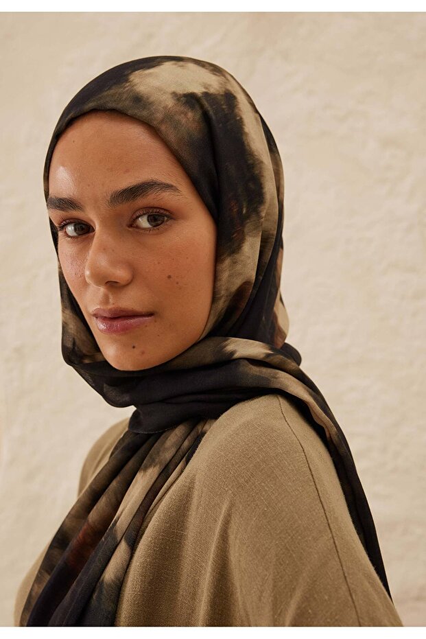 Black Tie-Dye Patterned Ram Shawl - 5