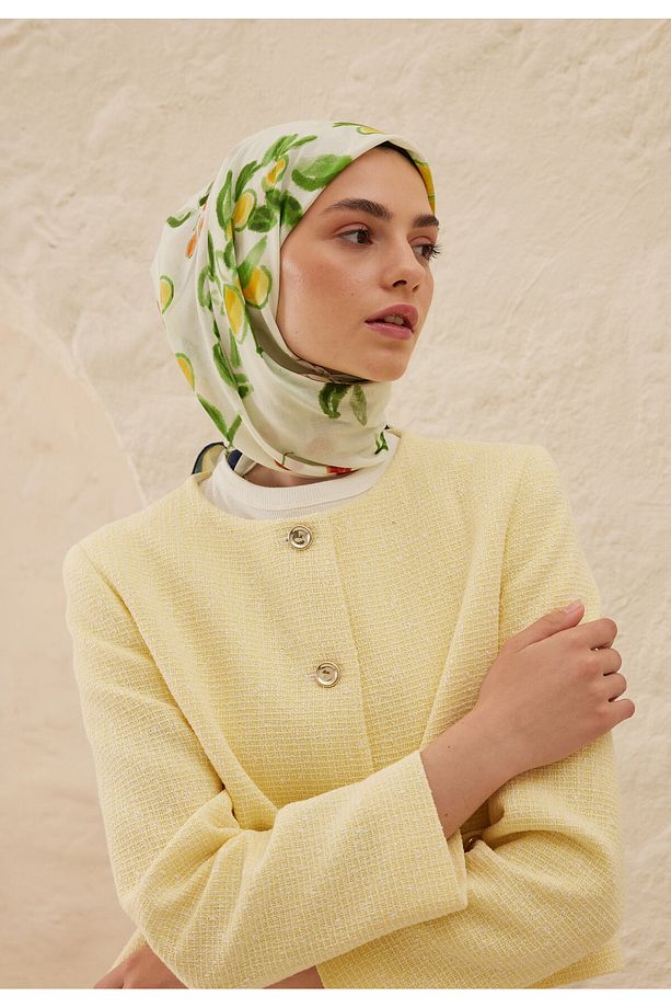 Lime Garden Desen Pamuk Vual Eşarp Yeşil - 2