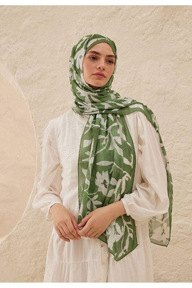 Petunia Patterned Ramı Shawl - Leaf Model - 1