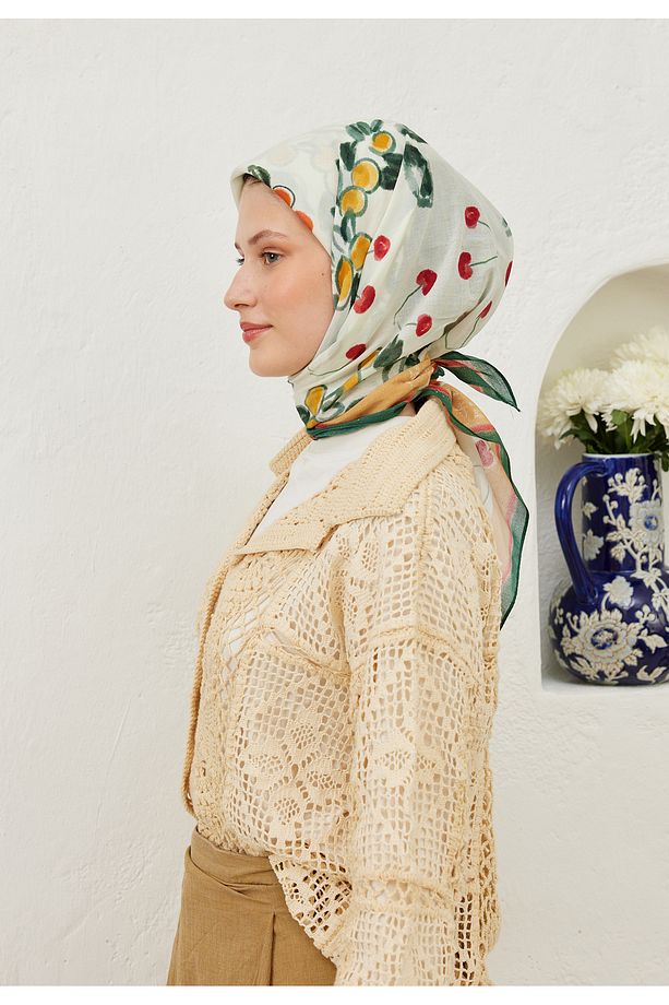 LİME GARDEN DESEN PAMUK VUAL EŞARP TURUNCU - 6