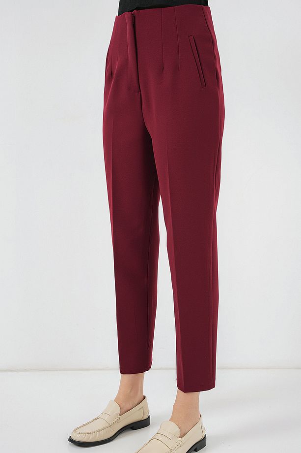 6650 Yüksek Bel Kumaş Pantolon - Bordo - 2