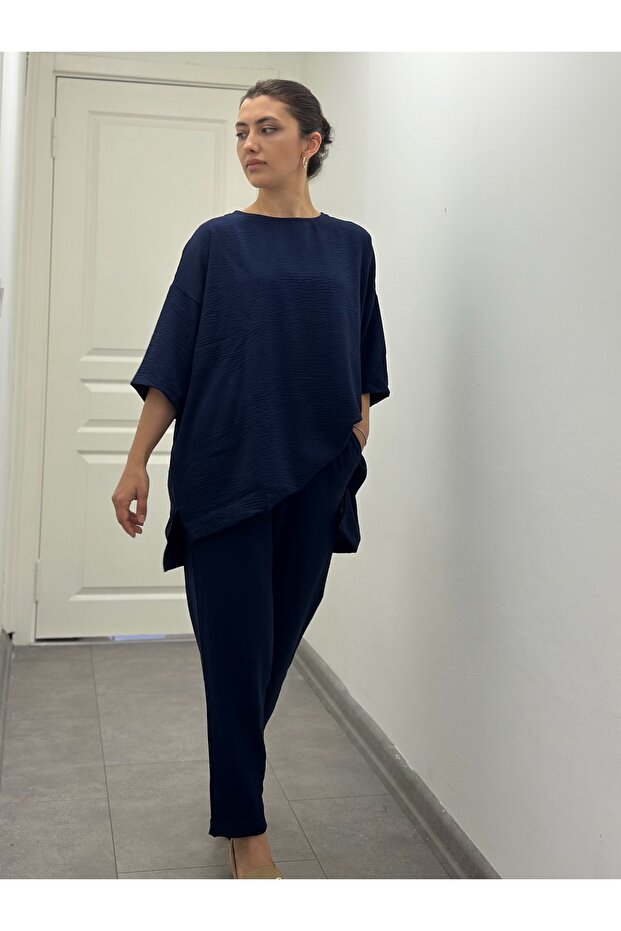 Navy Blue Linen Viscose Comfort Double Set - 4