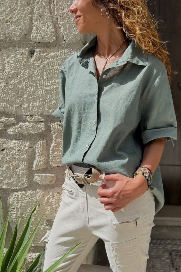 Italian Khaki 3/4 Sleeve Epaulet Linen Loose Woven Shirt 72 58