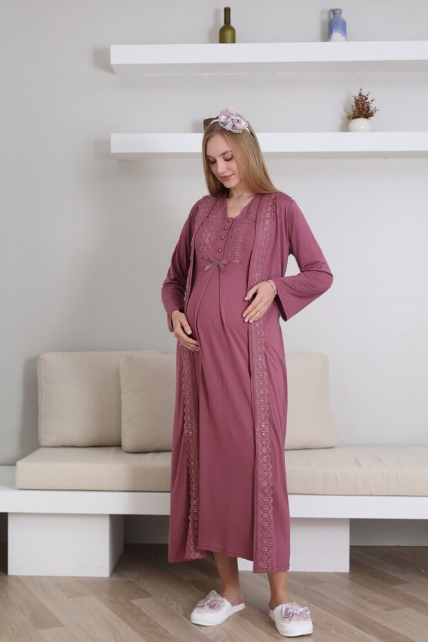 Women's Cherry Lace Cotton Maternity Nightgown-Morning Gowns Set of 2