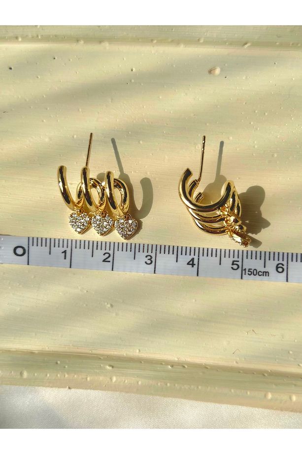 Çoklu Halka Görünümlü Kalpli Taşlı Altın Rengi Xuping Küpe - 5