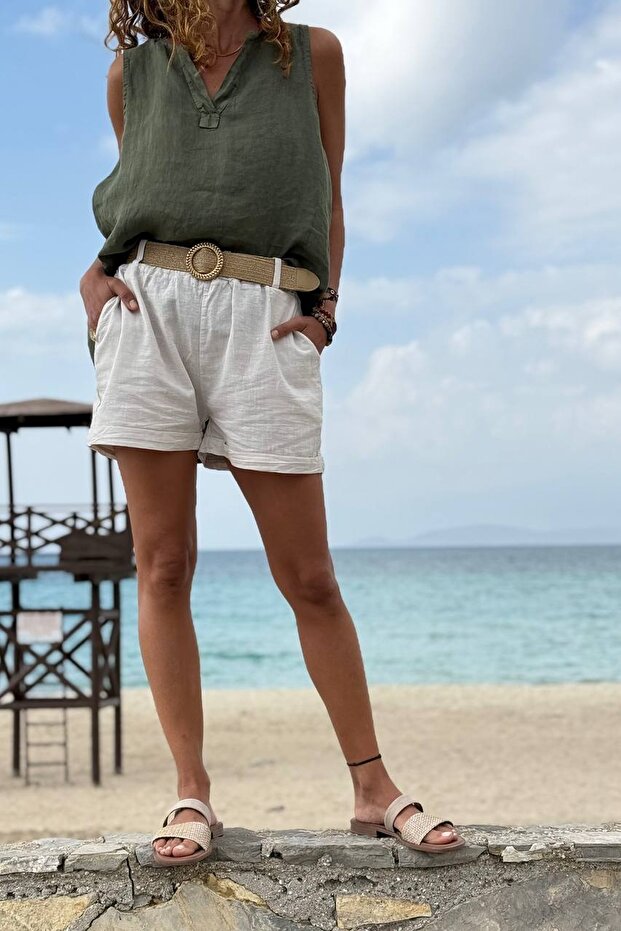 Italian Beige Pocket Belted Linen Double Leg Woven Shorts 38 58