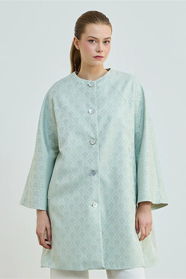 Jacquard Patterned Collarless Kaftan - Mint