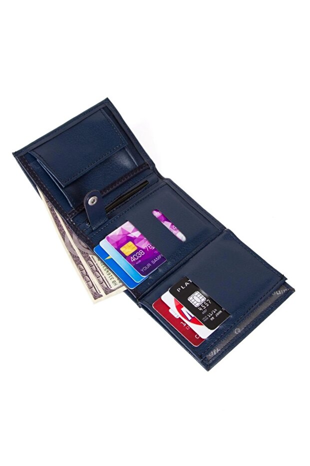 Men's Navy Blue Leather Coin Compartment Card Holder Wallet (10X12Cm) Tul515