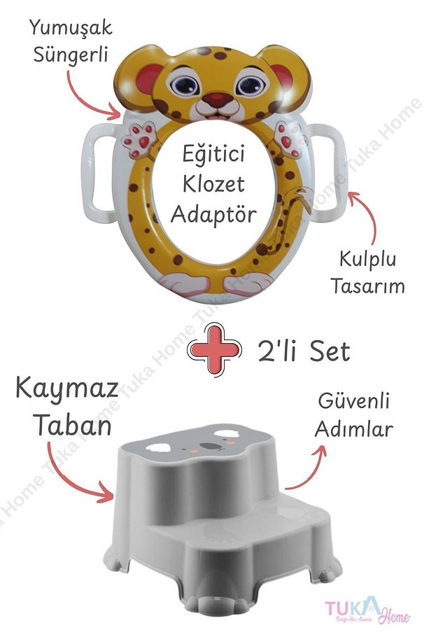 Çocuk Bebek Klozet Adaptörü Süngerli Yumuşak Çita Desenli ve Katlı Basamak Set Eğitici - 1