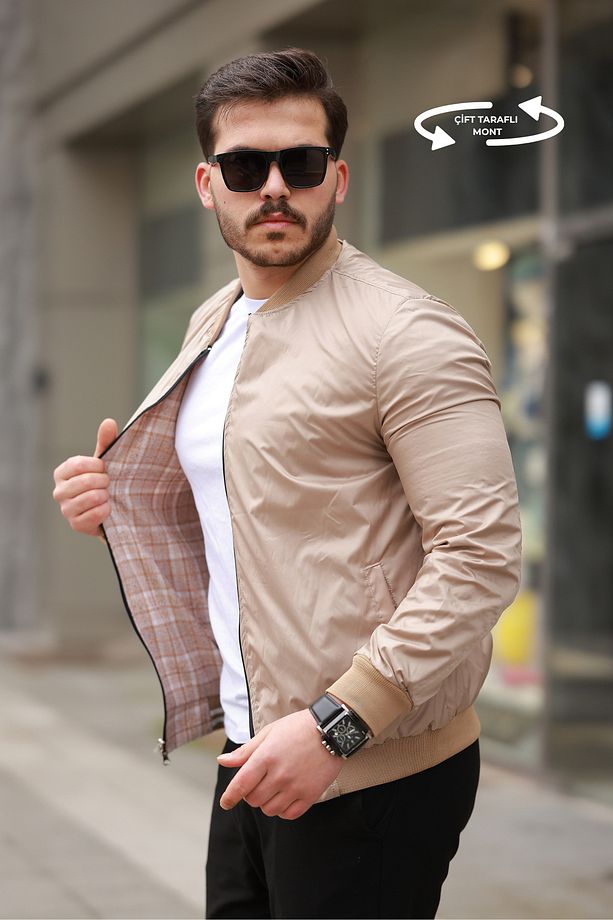 Çift Taraflı Ekose Desenli Mevsimlik Erkek Mont Krem - 6