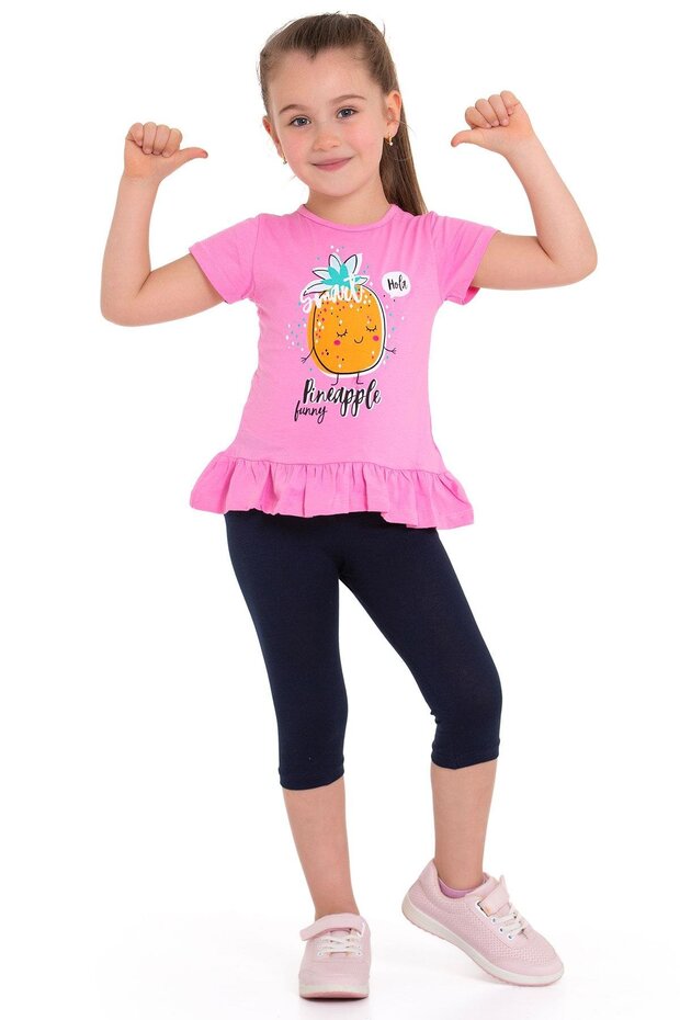 Crew Neck Short Sleeve Pineapple Printed Pink Color Girls Tights Set